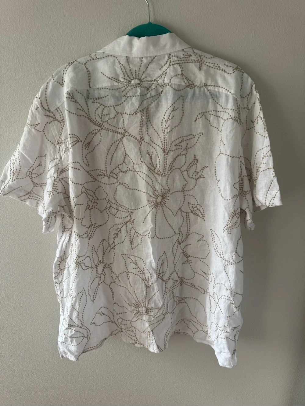 Banana Republic Linen White Short-Sleeve Button-Down with Brown Floral Stitching